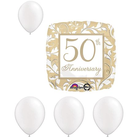Anniversary Balloons, 18 inch GOLD ELEGANT SCROLL 50TH ANNIVERSARY, Pearl White Latex Set -  LOONBALLOON, LOON-LAB- 24783-01-A-P
